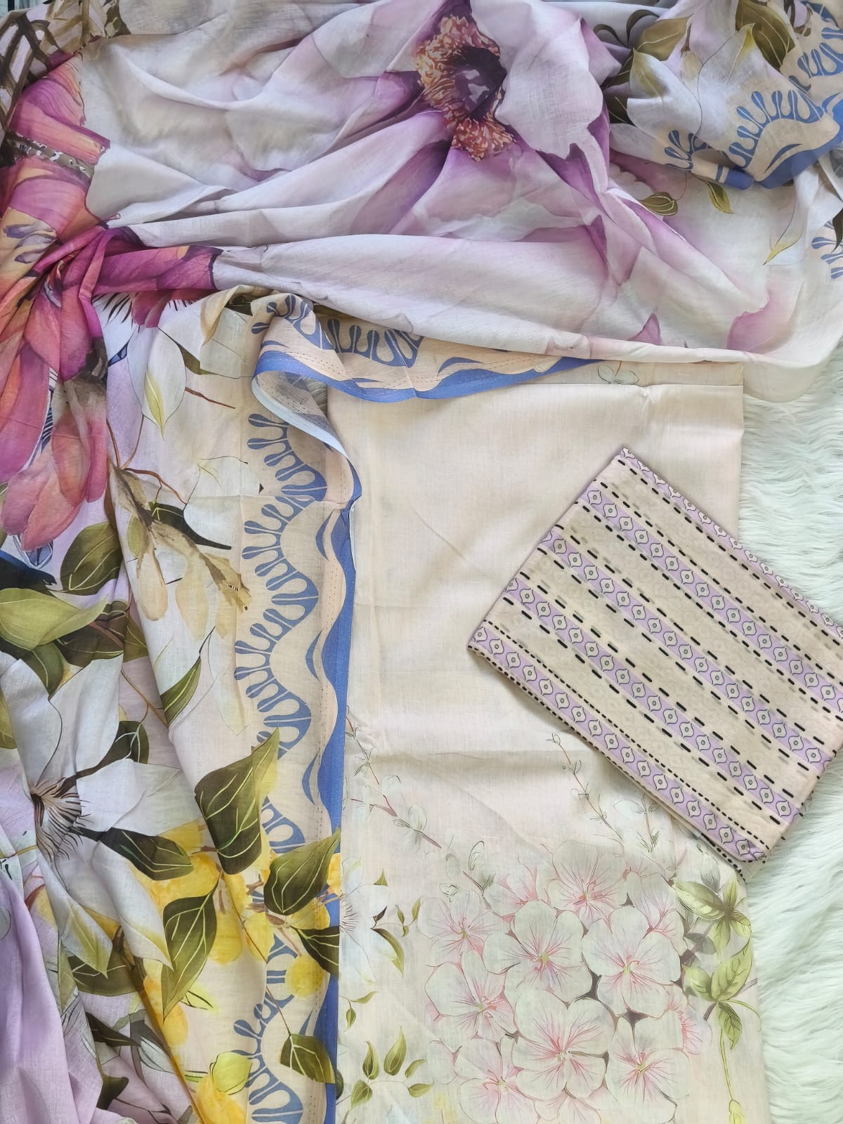Karizma C Print Three Piece - Ivory Lavender Floral