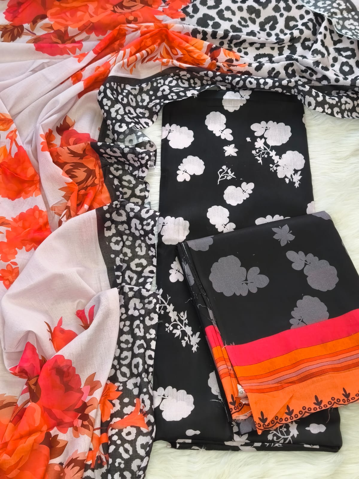 Karizma C Print Three Piece - Black Orange Floral
