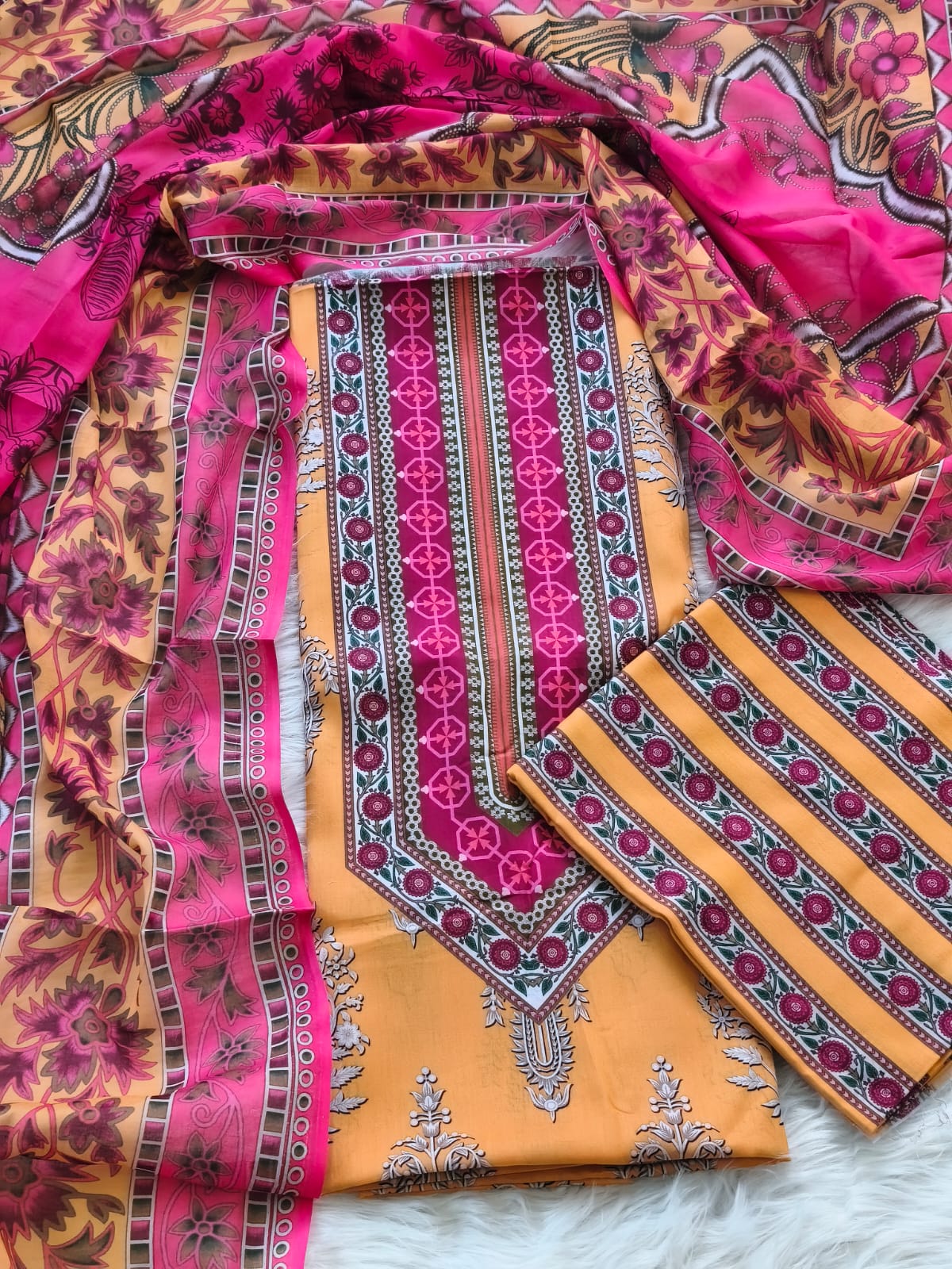 Karizma C Print Three Piece - Mustard Magenta Floral