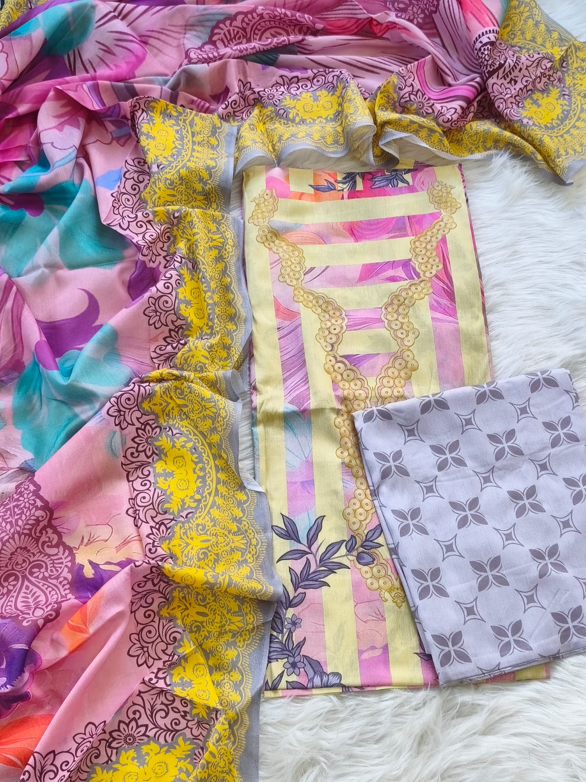 Karizma C Print Three Piece - Pink Yellow Printed