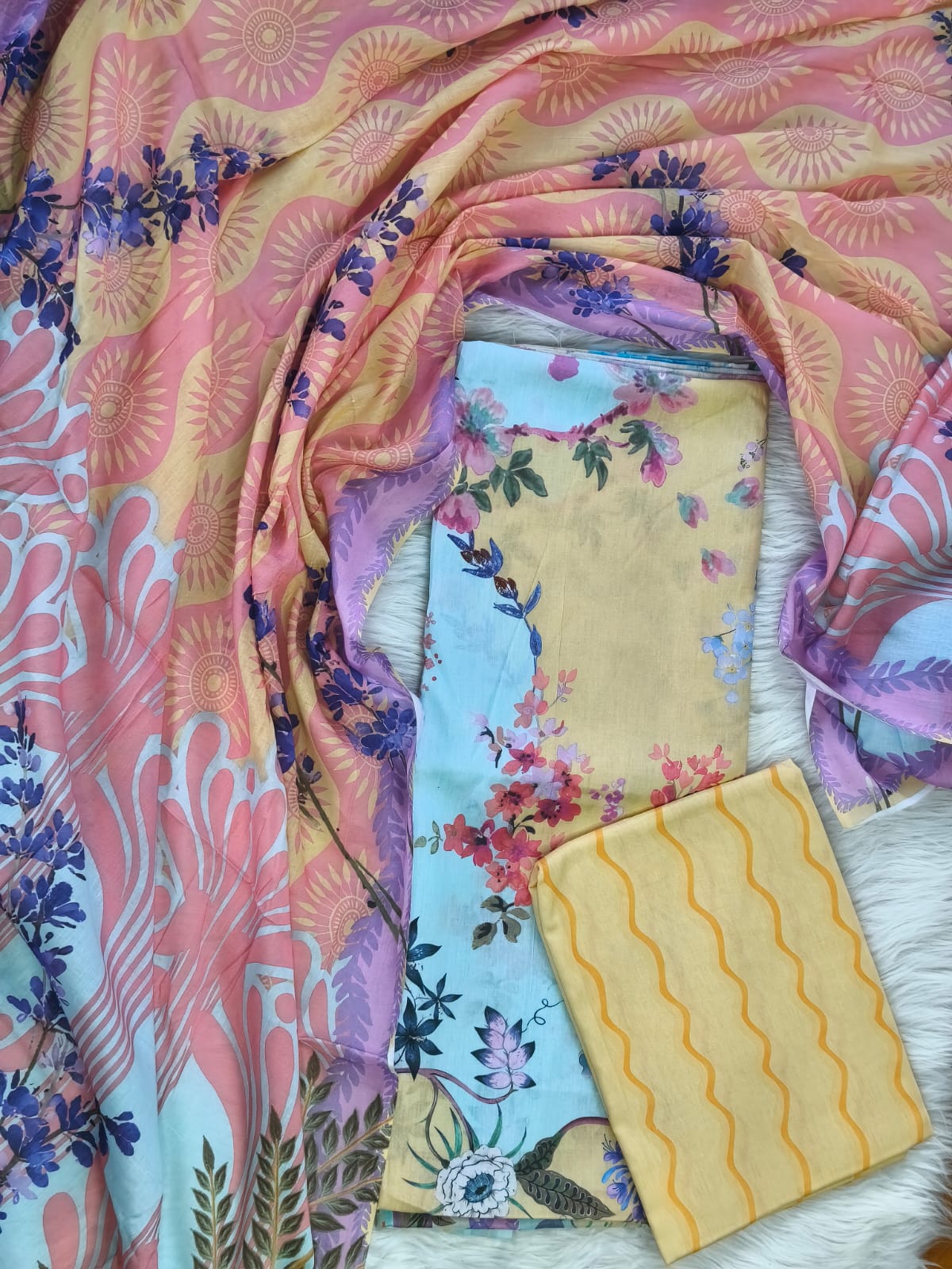 Karizma C Print Three Piece - Pastel Yellow Floral