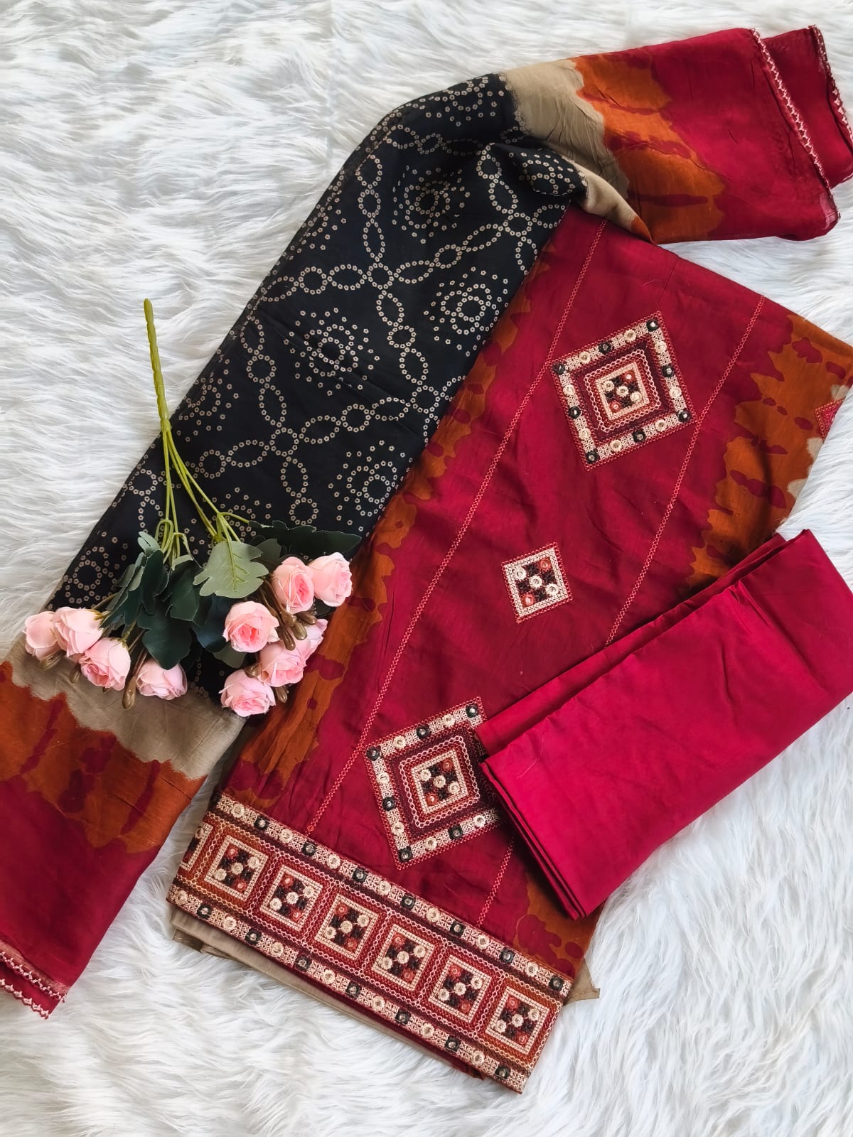 Style Arrow Maroon Black Embroidered Three Piece