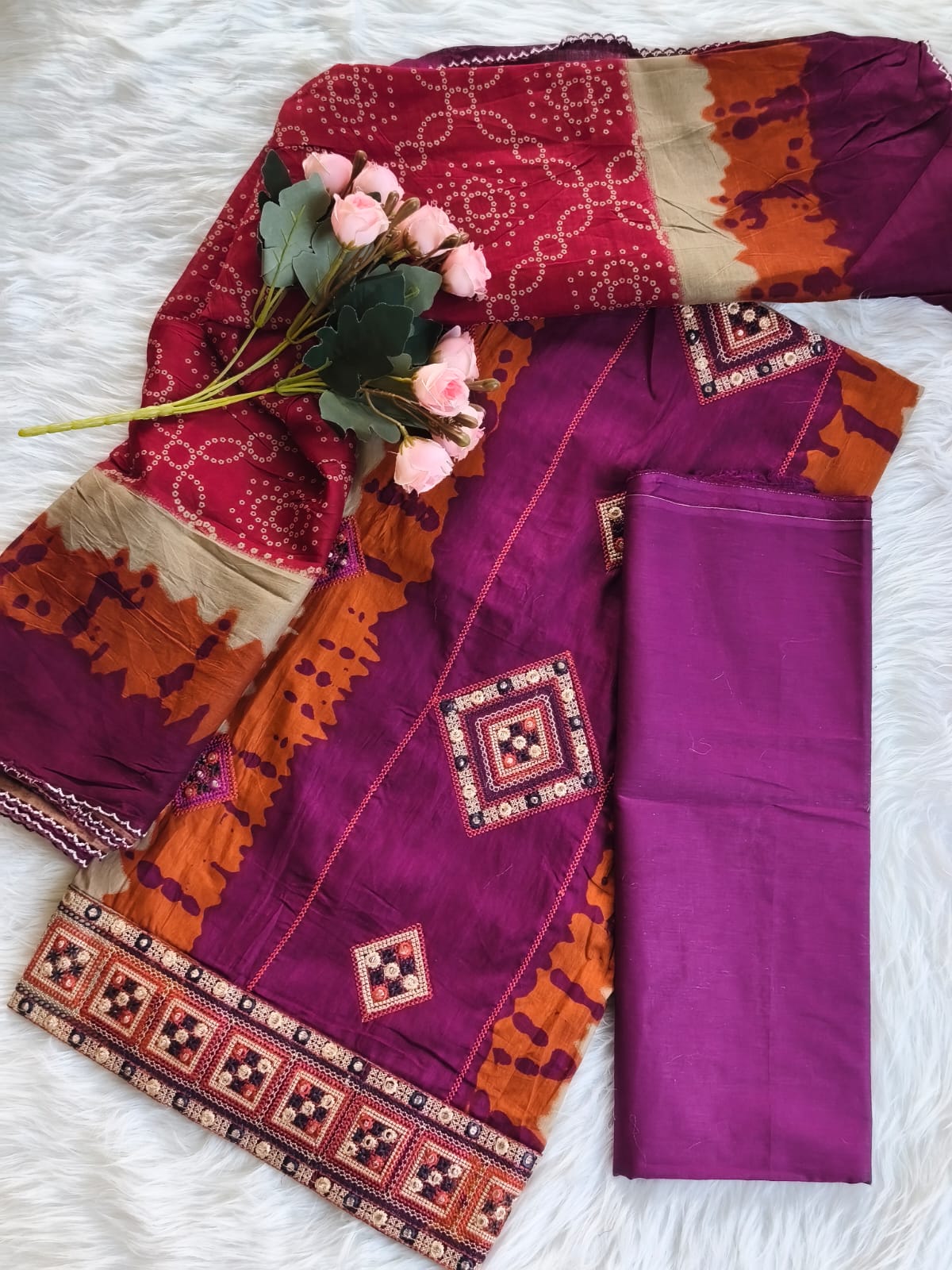 Style Arrow Magenta Orange Embroidered Three Piece