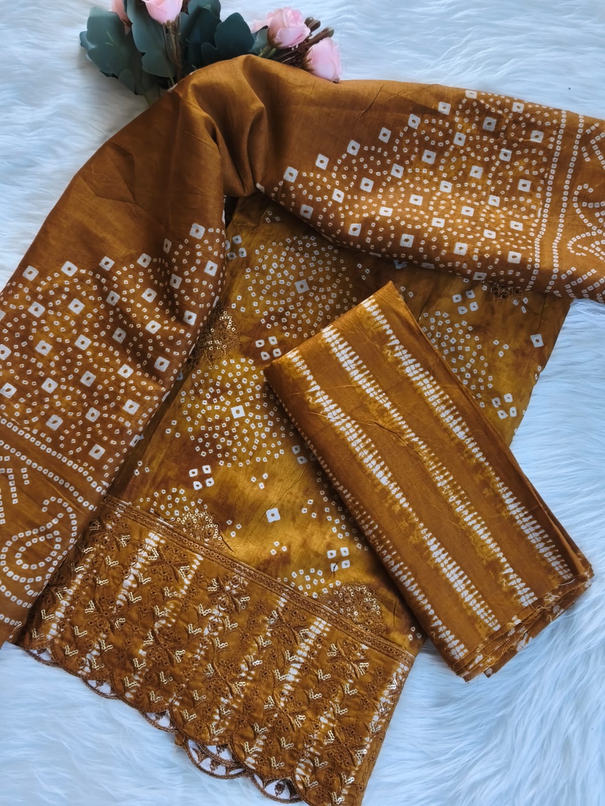 Style Arrow Mustard Bandhani Embroidered Three Piece