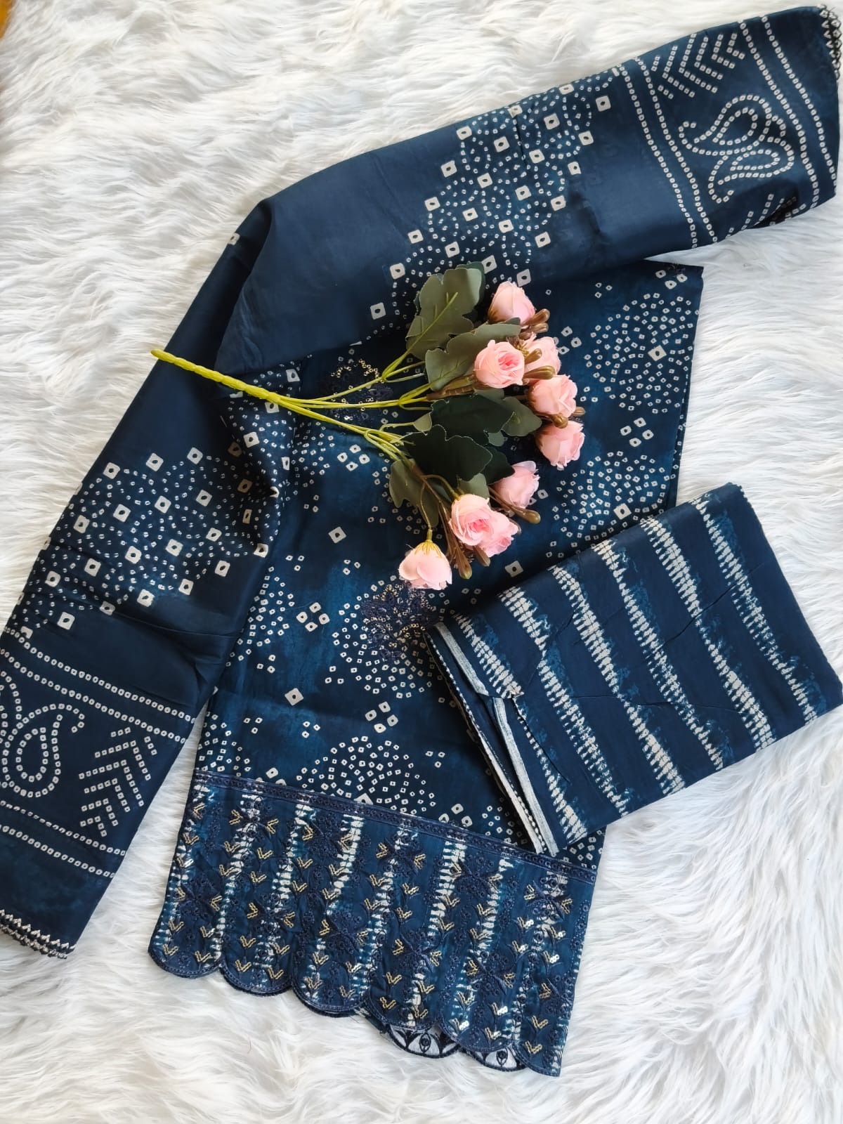 Style Arrow Navy Bandhani Lace Three Piece