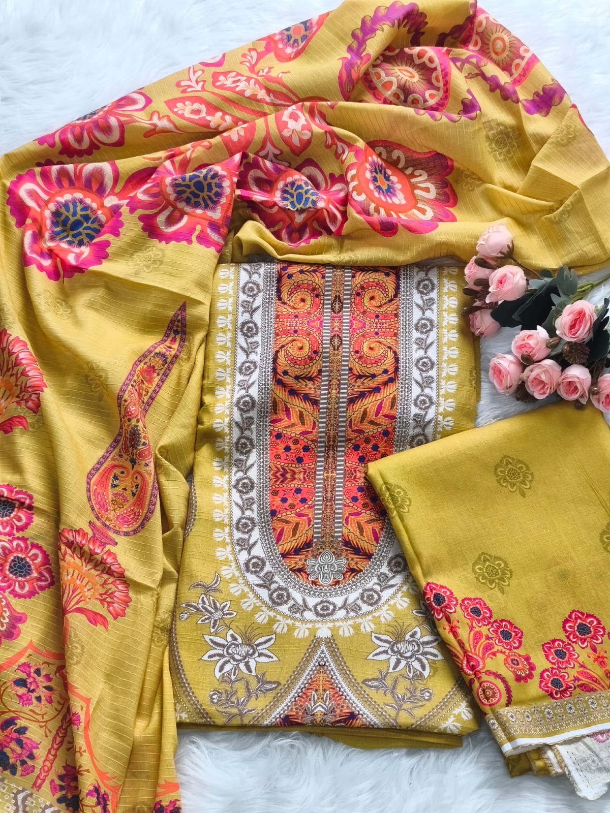 Style Arrow Yellow Floral Embroidered Three Piece