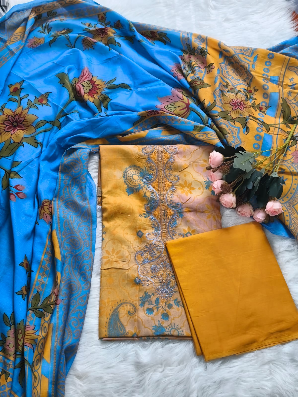 Style Arrow Sky Blue Mustard Floral Three Piece