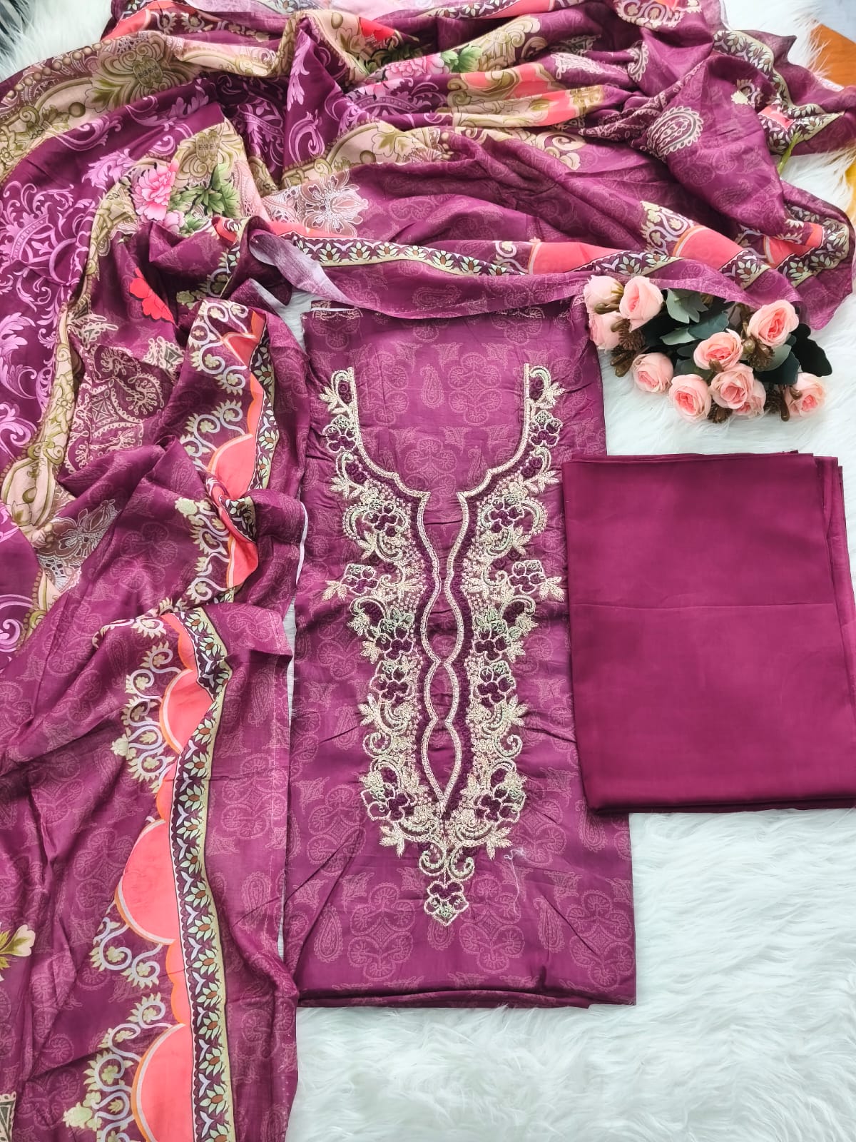 Style Arrow Magenta Embroidered Three Piece
